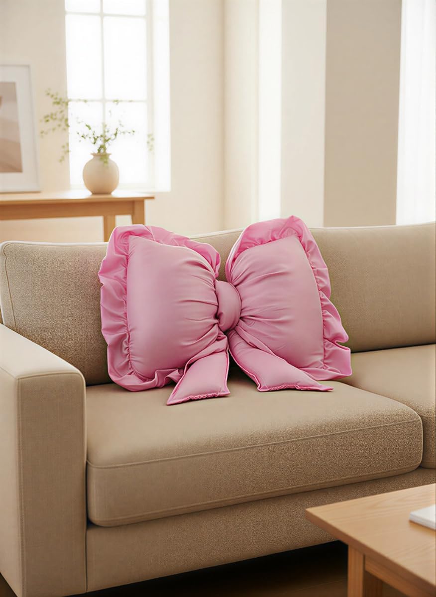 Pink Bow Pillow, Bow Shaped Decorative Throw Pillow for Sofa Couch Bed, Cute Coquettish Bowknot Lumbar Support Cushion for Office Chair Car Seat Home Room Decorations (Pink)