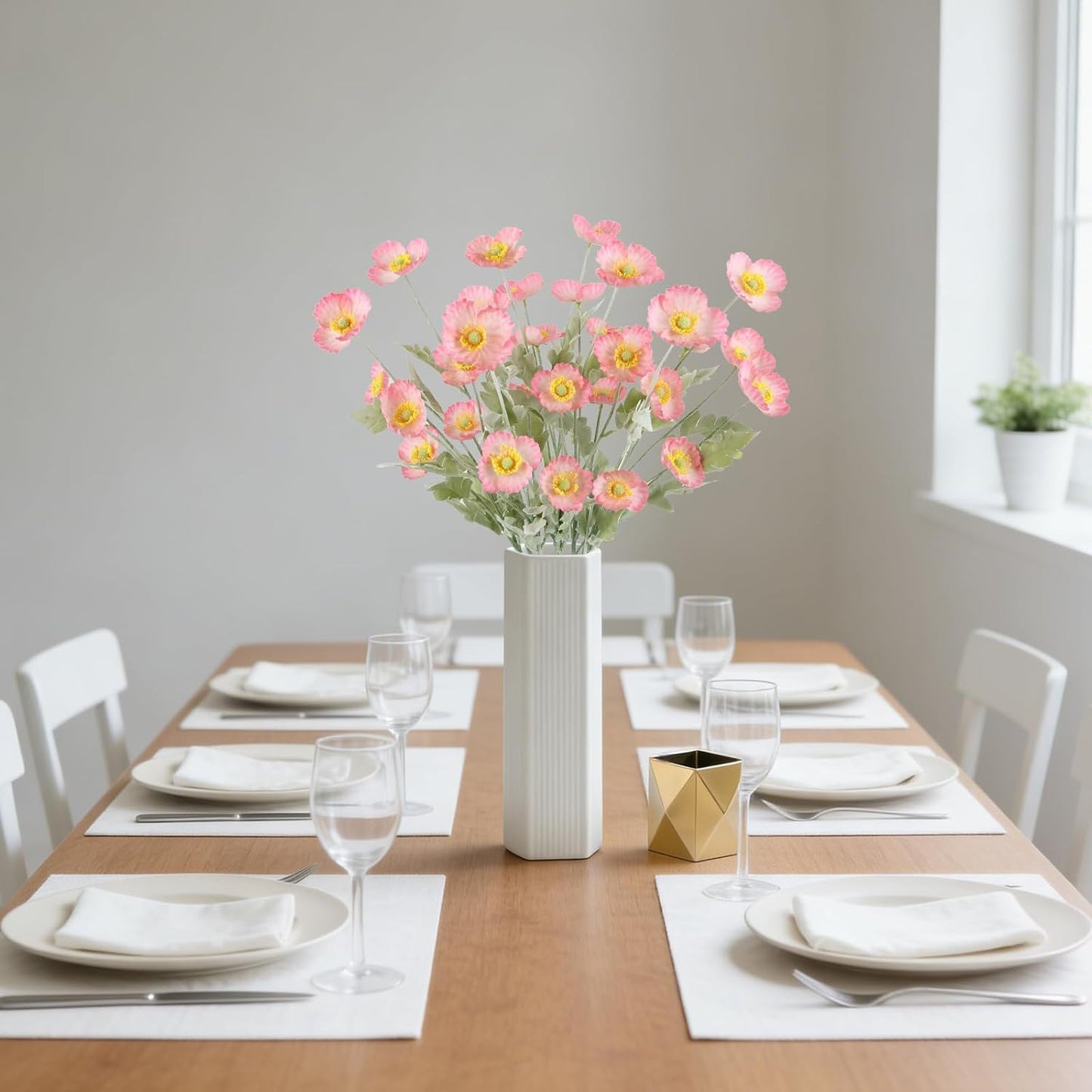 32 Heads Pink Poppy Flowers Artificial 8PCS Silk Flowers Faux Poppies with Stems for Floral Arrangements Home Wedding Dining Table Party Garden Decoration (Pink)