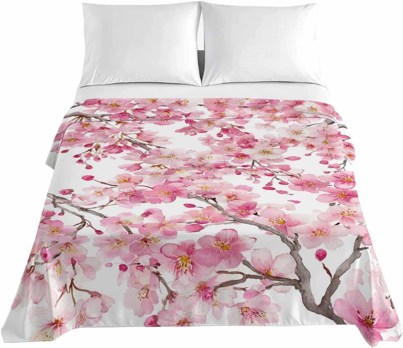 Spring Peach Flowers Full Size Sheets - Hotel Quality Full Flat Sheet Only 1 Pack, Pink Botanical Floral Leaves Branch Soft Bed Sheet Brushed Microfiber Bedding Top Sheets for Home Dorm