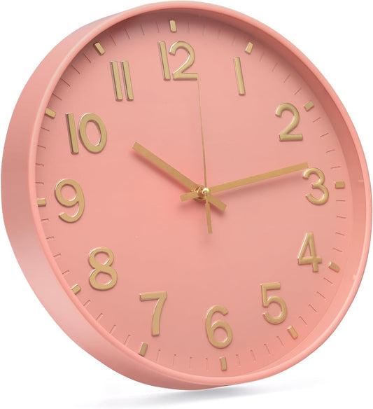 Wall Clock 12 Inch Pink Modern Simple Quartz Decorative Clock Non-Ticking Silent Battery Operated Round Wall Clocks Trendy and Practical Best Gift for Living Room Bedroom Kitchen Office
