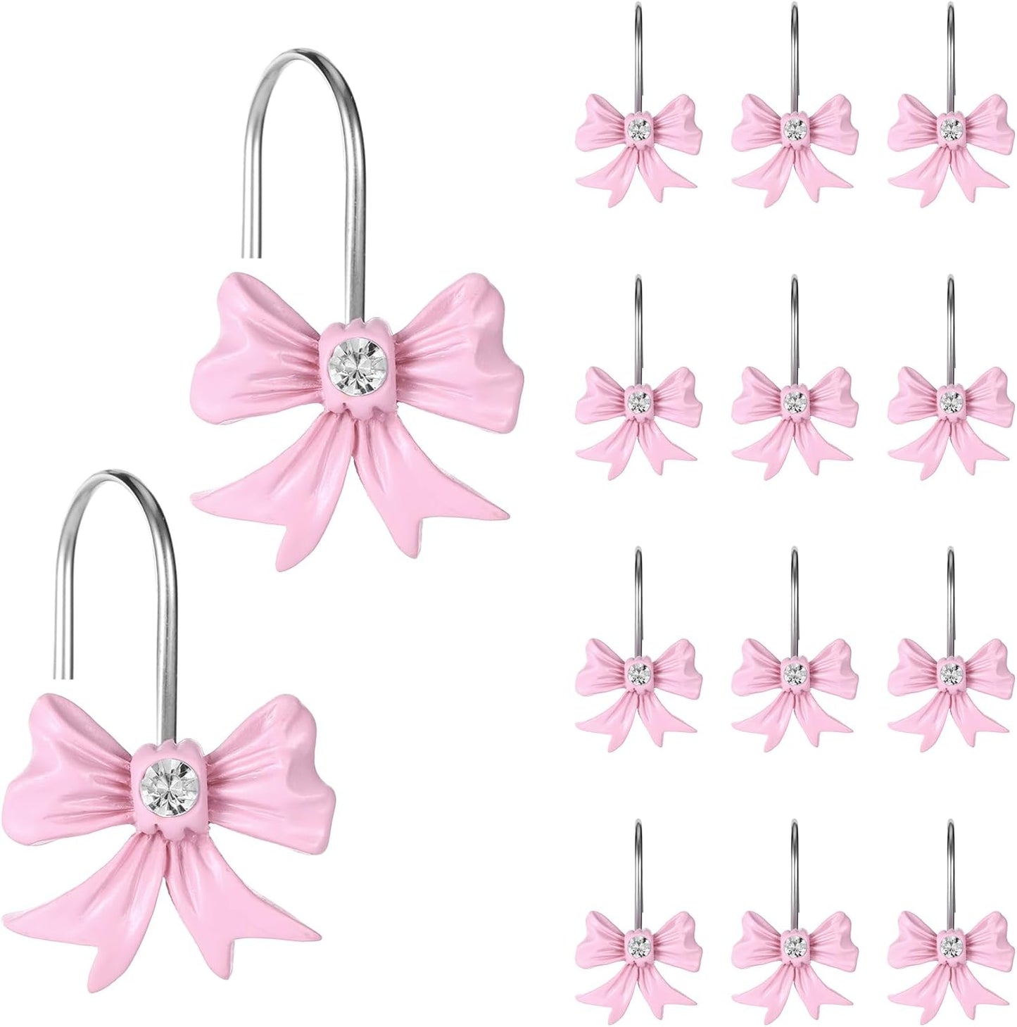12 Pcs Pink Bow Decor Shower Curtain Hooks, Pink Bathroom Decor Bow Shower Curtain Hooks Rust Proof, Resin Cute Shower Curtain Hook Bathroom Accessories for Bathroom Art Decors