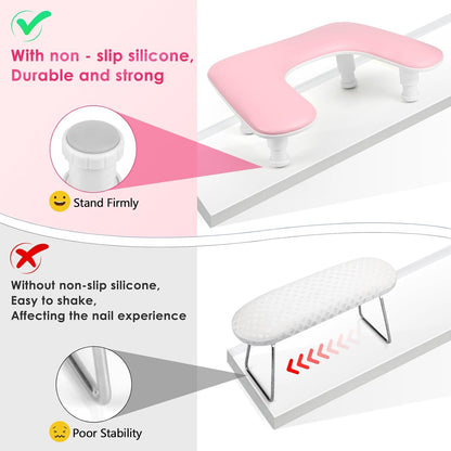 Manicure Arm Rest for Nails Tech: U-shaped Adjustable Nail Armrest - Pink PU Leather Hand Stand Rest for Manicurists
