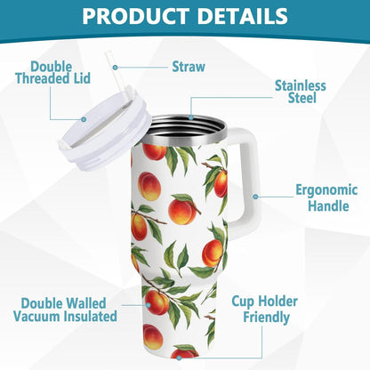 40 oz tumbler with handle and straw Peaches Branch Pattern Stainless Steel Tumbler Leakproof Water Bottle Vacuum Insulated Cups With Lid Travel Mug For Car Cup Holder,