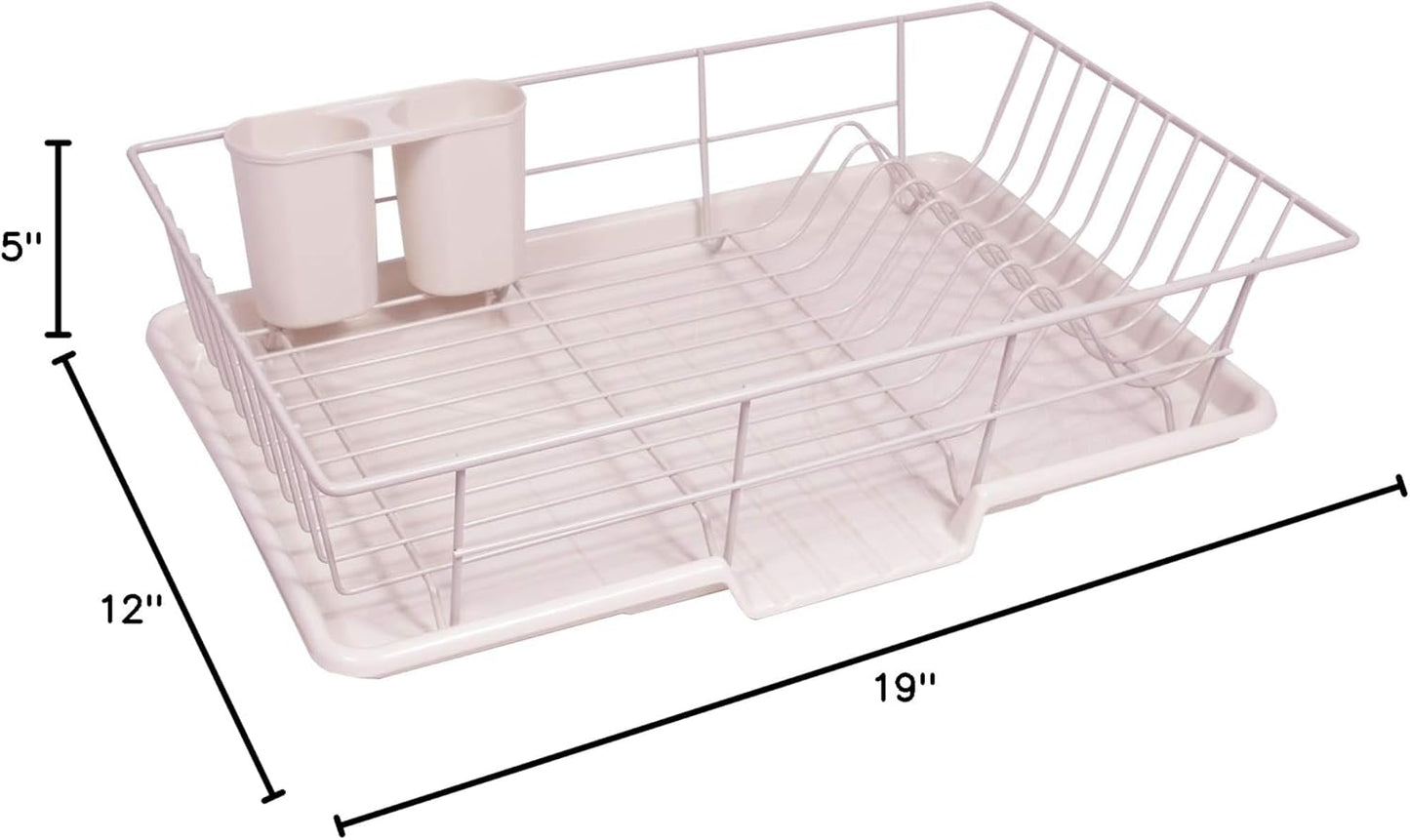 Sweet Home Collection 3 Piece Dish Drainer Rack Set with Drying Board and Utensil Holder, 12" x 19" x 5", Pale Pink