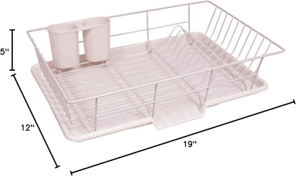Sweet Home Collection 3 Piece Dish Drainer Rack Set with Drying Board and Utensil Holder, 12" x 19" x 5", Pale Pink