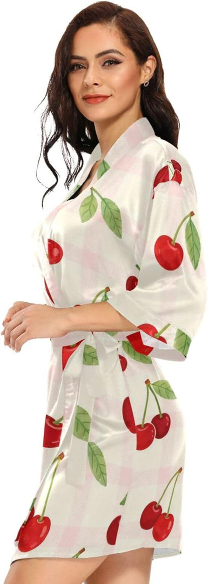 Fresh Cherry Pattern Pink Check Womans Bathrobes Comfy Sleeve Night Shirt for College Dorm