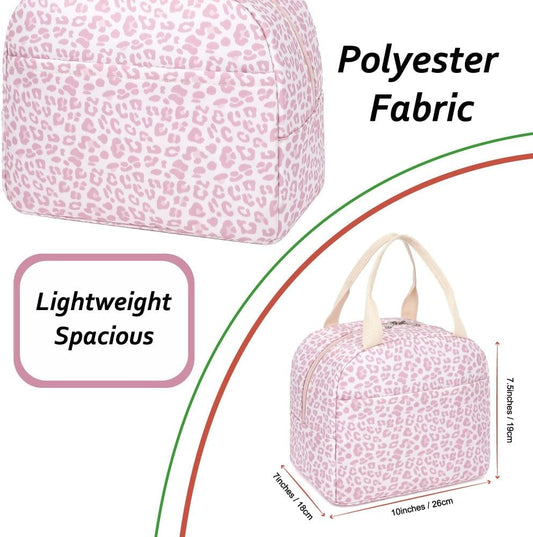 Lunch Bag for Women Girls Insulated Reusable Lunch Tote with Handle, Lightweight Water-Resistant Polyester Lunch Box Cooler-Leopard Pink
