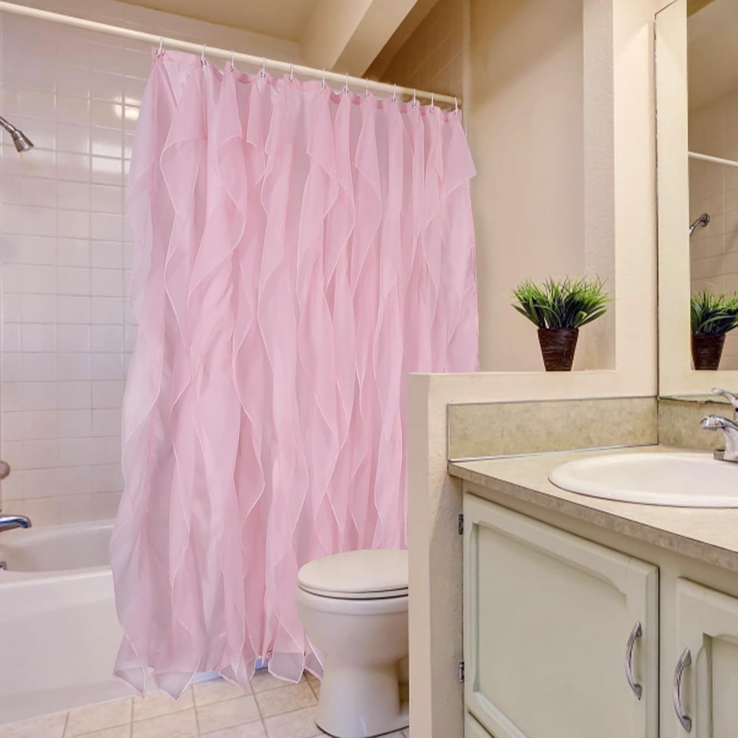 REISEN Pink Ruffle Shower Curtains for Bathroom Farmhouse Sheer Shower Curtain, 72 x 72 Inches