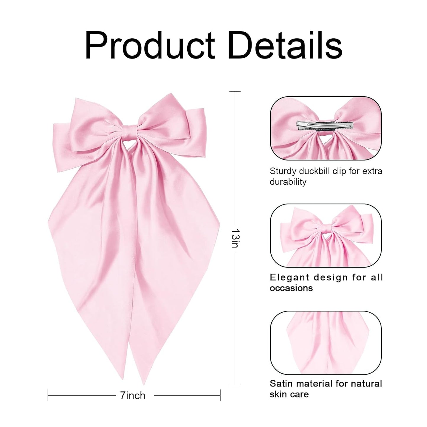 Silky Satin Hair Bows for Women Big Pink Bow Hair Clips for Girls Large Hair Barrettes Cute with Long Tails Party Hair Accessories for Thick & Thin Hair（pink）