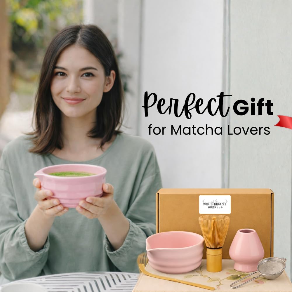 Matcha Bowl Set – Japanese Matcha Tea Ceremony Kit with Whisk, Scoop & Sifter – Authentic Matcha Bowl (Green, Pink, White, Black) – Premium Gift Set by Sakura Home (Pink)