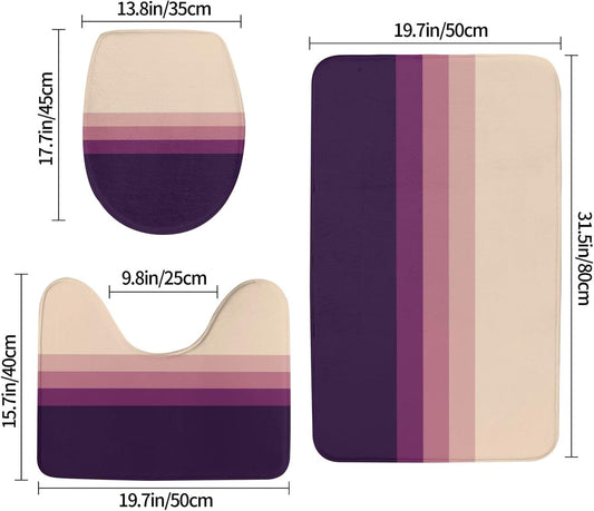 3 Pieces Bath Rug Sets, Light Grey Pink Purple Stripes Non-Slip Absorbent Bathroom Mats with U-Shaped Contour Rug & Toilet Lid Cover