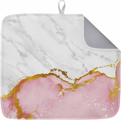 Dish Drying Mat for Kitchen Counter, Modern White Pink Marble Texture Absorbent Dish Mats Foldable Microfiber Drainer Pad 1PCS 18"x16", Classic Stone Artwork Plate Holder Mat for Countertop Sink