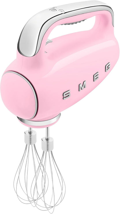 SMEG Pink 50's Retro Style Electric Hand Mixer with Set of Dough Hooks, Set of Beaters, and Set of Whisks