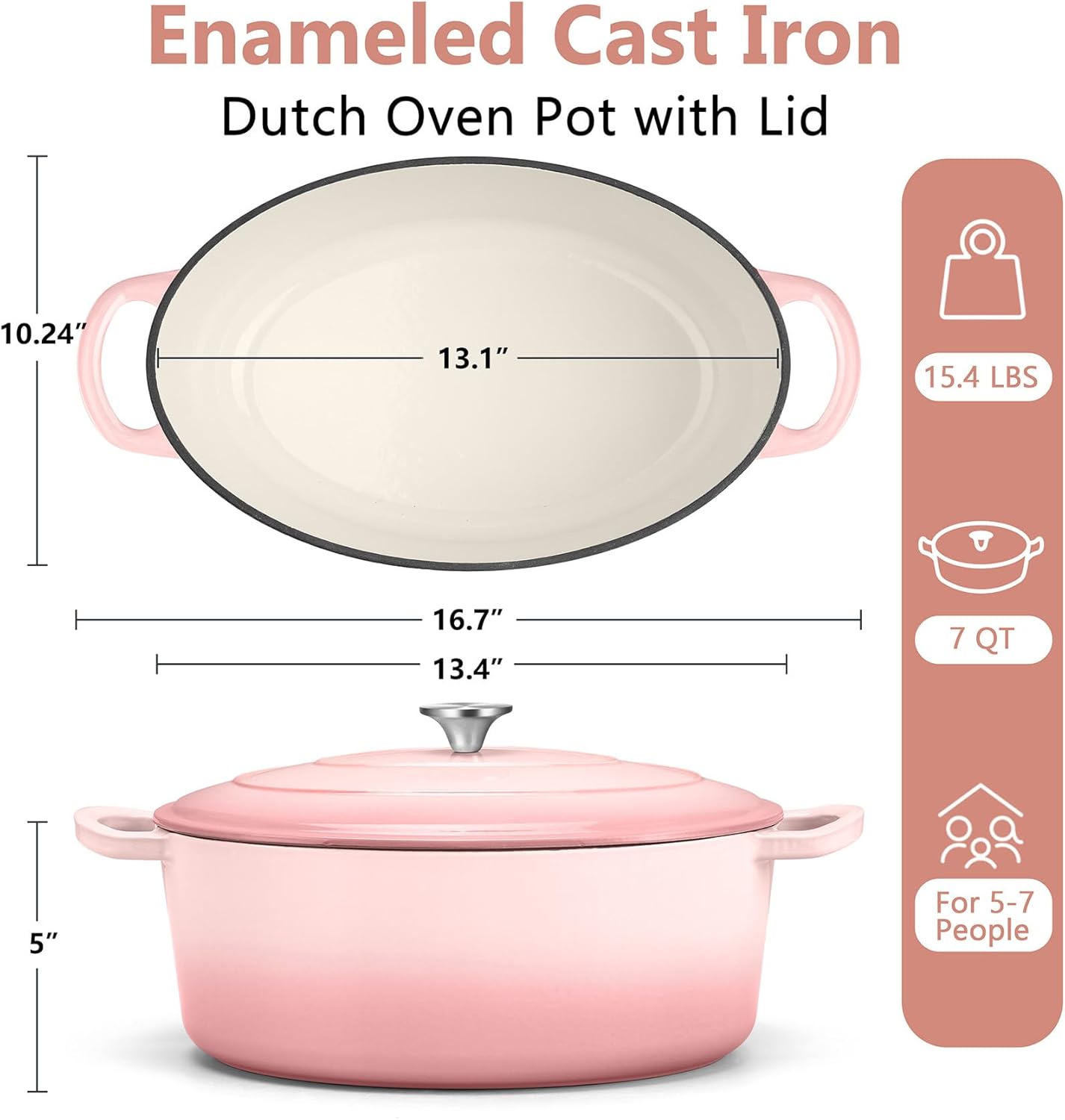 TeamFar 7QT Oval Dutch Oven, Enameled Cast Iron Dutch Oven Pot with Lid, For Bread Baking/Stewing/Braising/Frying, Suitable for Various Stoves, Non-stick & Easy Clean, Pink