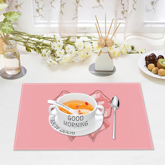 Set of 4 Placemats, Wipeable Washable Heat-Resistant Linen Fabric Table Place Mats, Non-Slip Cute Placemat for Kitchen Table Wedding Party Indoor/Outdoor Decor Bow (Pink Bow)