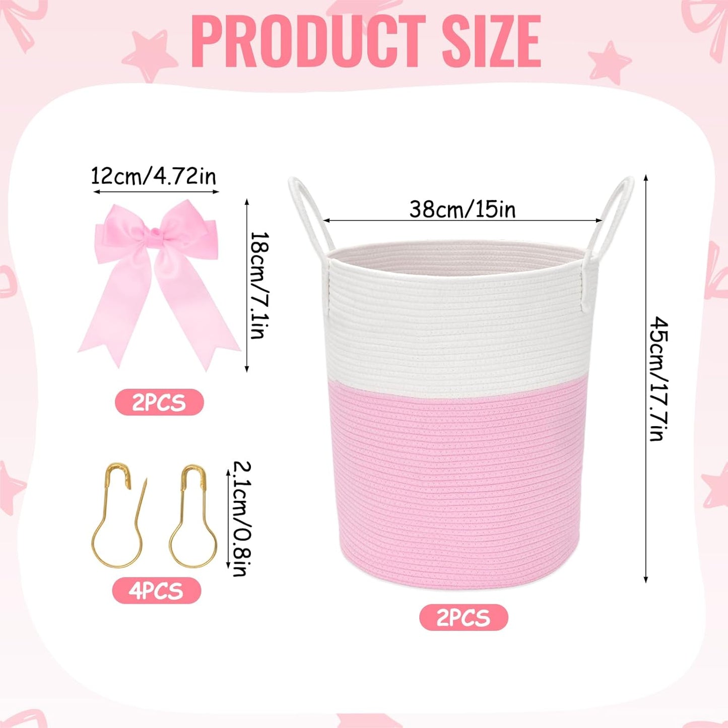2 Pack Pink Laundry Basket with Bow 15" x 17.7" Large Woven Clothes Storage Basket Cotton Rope Nursery Hamper Bin Cute Toy Storage Bin for Nursery, Bathroom & Bedroom Organizer