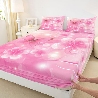 Erosebridal Flower Fitted Sheet Queen Size Butterfly Bed Sheets Glitter Peach Blossom Dots Princess Bedding Set for Kids Boys Girls Dreamy Pink Florals Line Sheets