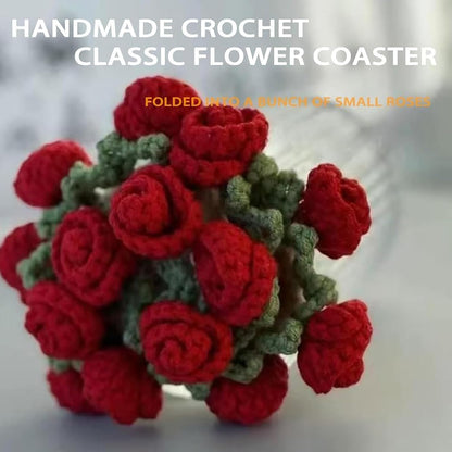 2 PCS Finished Rose Bouquet Coaster Flower Bouquet Blanket Coasters, Tabletop Flowers Mini Handmade Crochet Rose Romantic Knitted Gift for Girls Mom for Birthday (Pink)