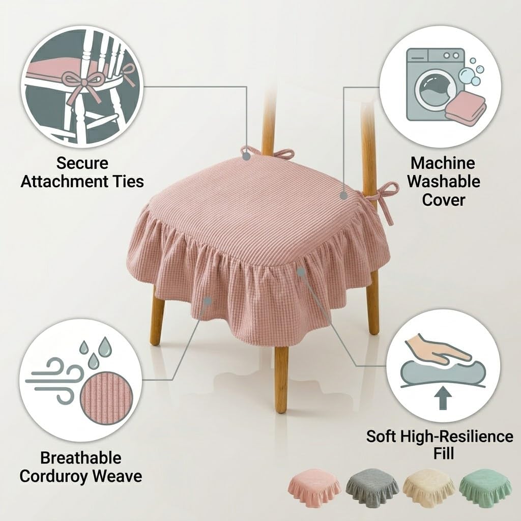 Ruffled Chair Cushion with Removable Cover & Insert, 17x18 Inch Cotton Linen Dining Chair Pad with Ties, Shabby Chic Farmhouse Seat Cushion for Kitchen (Pink)