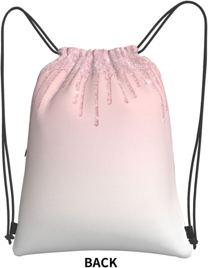 Pink Glitter Drip Drawstring Backpack, Gym Swim Bag Cinch Bag For Women Men With Zipper Pocket