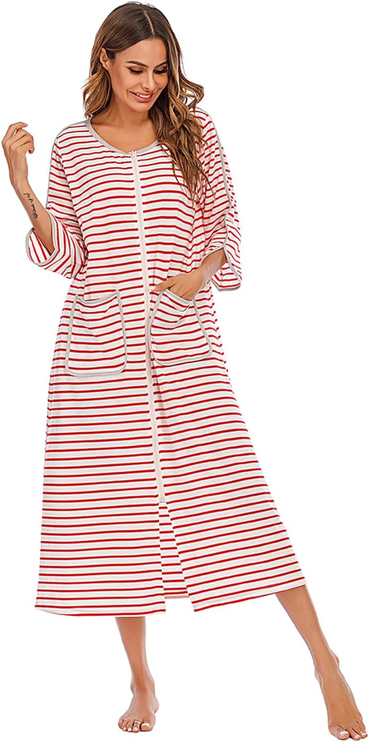 RONGTAI Comfy Cotton Long Robe with Front Zipper - Slimming Striped 3/4 Sleeve Nightwear with Pockets for Women (Year-Round)