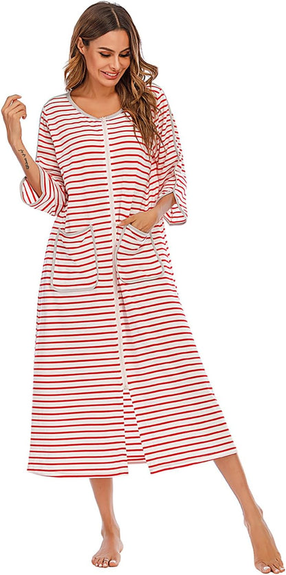 RONGTAI Comfy Cotton Long Robe with Front Zipper - Slimming Striped 3/4 Sleeve Nightwear with Pockets for Women (Year-Round)