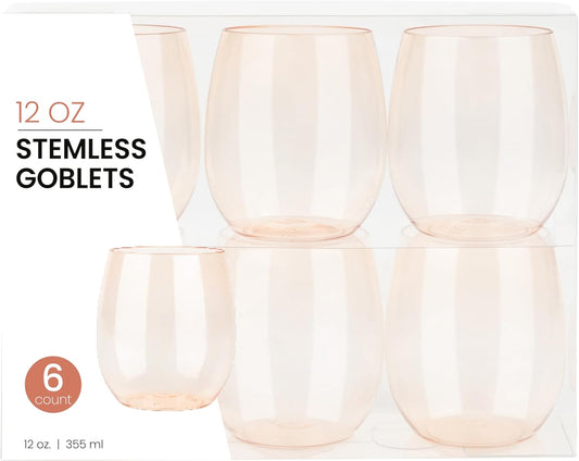 PLASTICPRO 12 Pack Peach Color Plastic Wine Glasses Stemless Disposable 12 oz BPA Free Shatterproof Plastic Wine Cups Wine Glasses for Parties