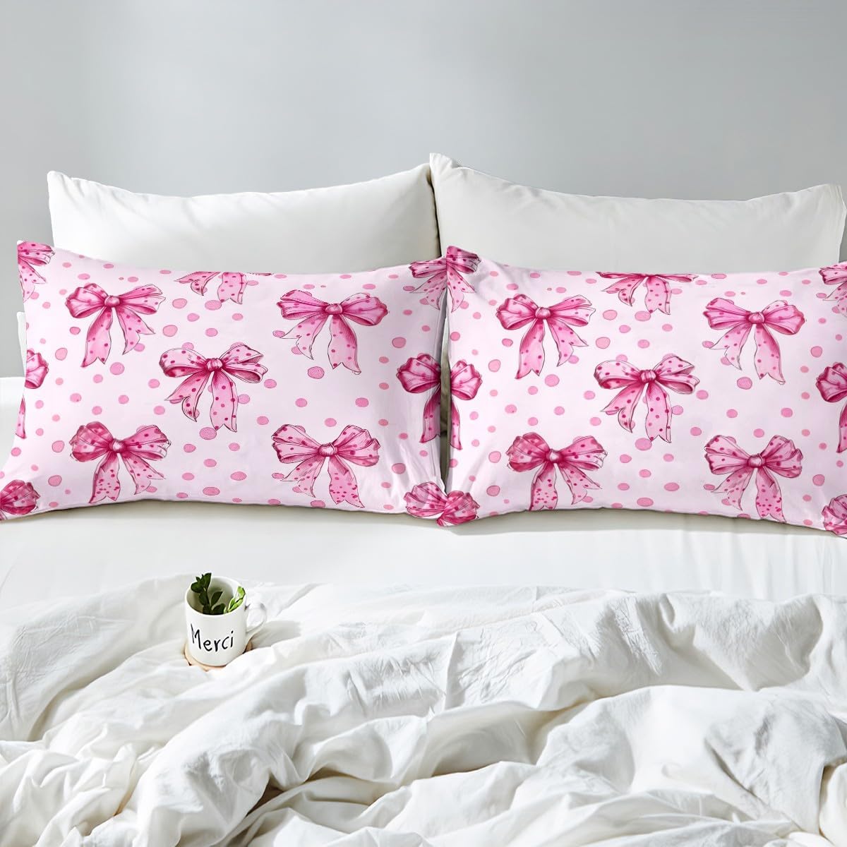 Erosebridal Pink Princess Bow Bed Sheets Full Cute Coquette Bowknot Sheet Set Kawaii Ribbon Bow Bedding Set for Kids Girls Teen,Pink Watercolor Polka Dot Fitted Flat Sheets 4 Piece