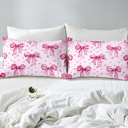 Erosebridal Pink Princess Bow Bed Sheets Full Cute Coquette Bowknot Sheet Set Kawaii Ribbon Bow Bedding Set for Kids Girls Teen,Pink Watercolor Polka Dot Fitted Flat Sheets 4 Piece