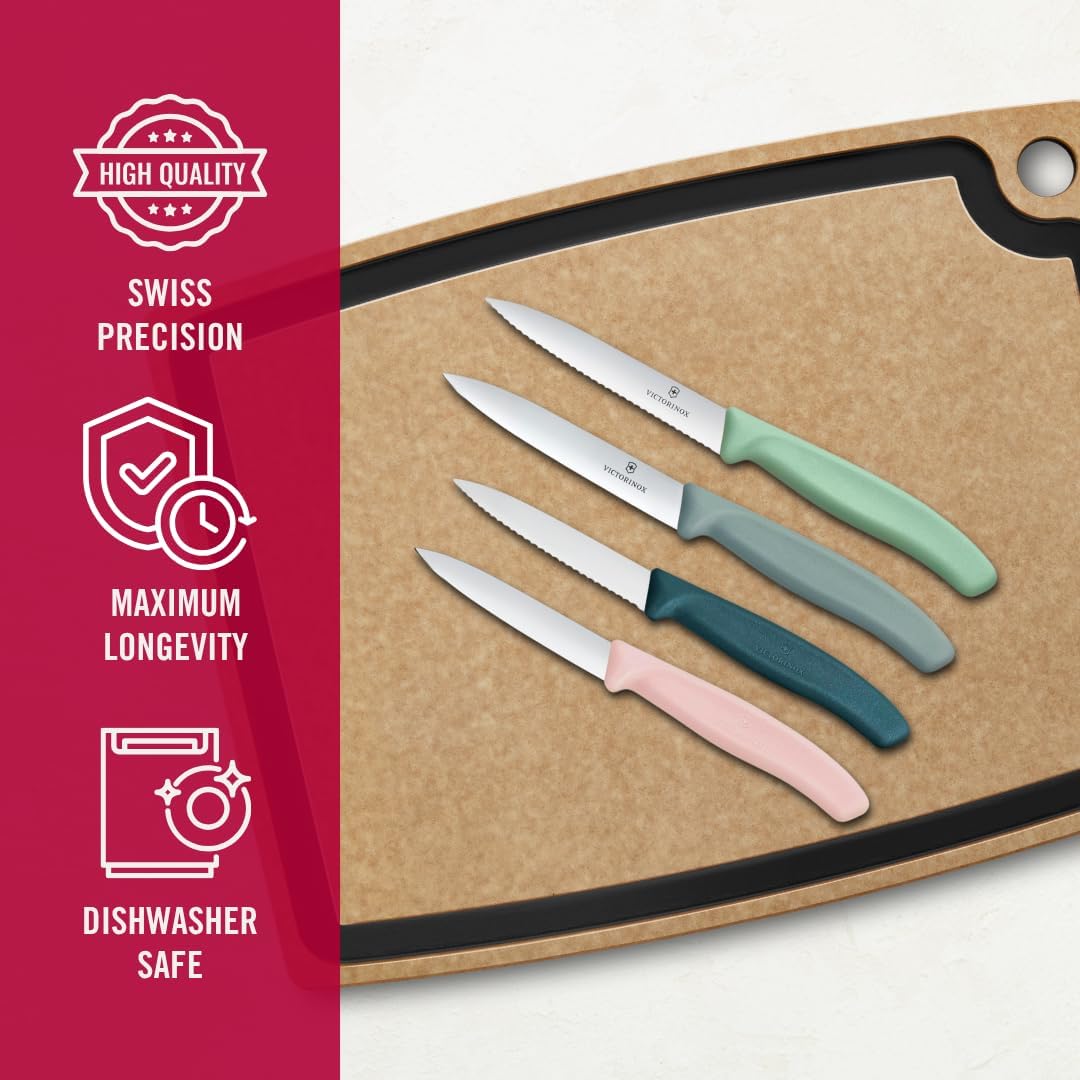 Victorinox Swiss Classic, Paring Knife Set, 4-piece, Sharp Blade, Straight and Serrated Edge, Swiss Made, Pink, Blue, Grey. Light Mint