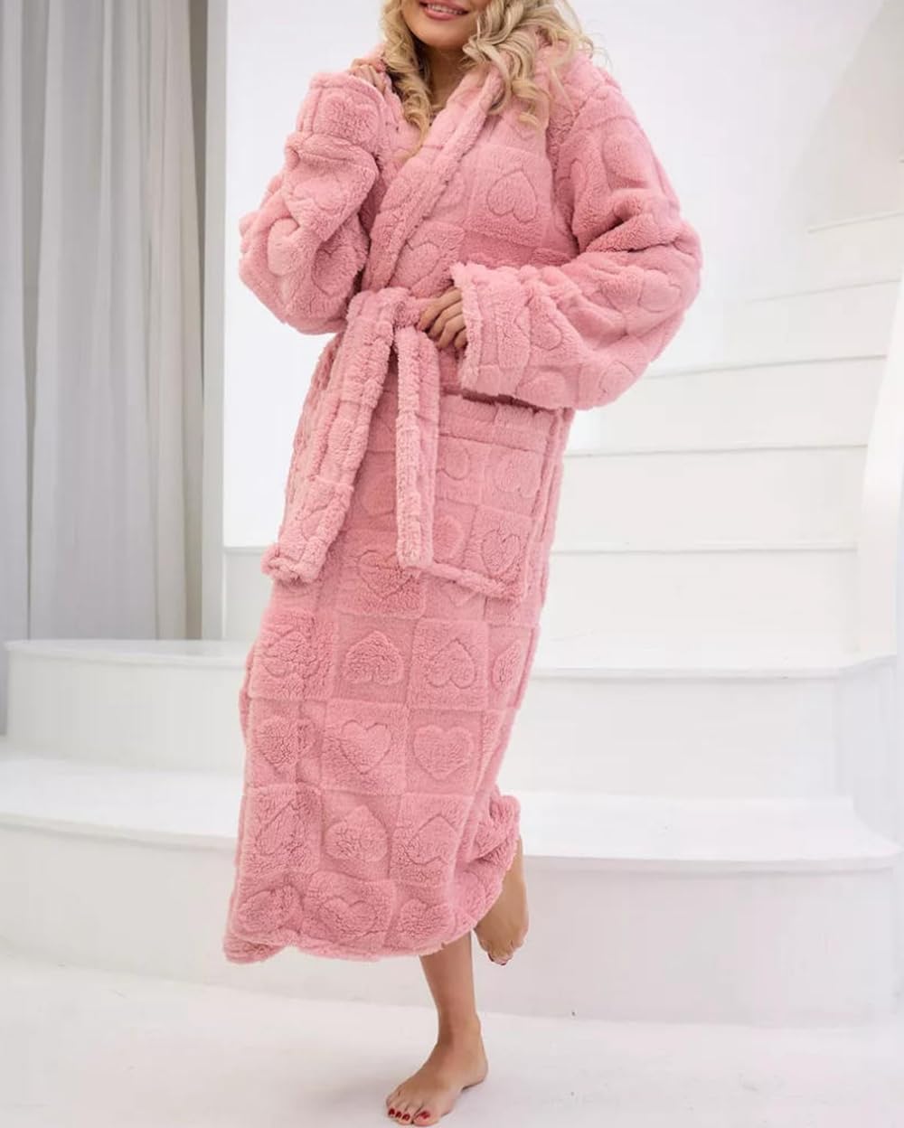codcm Women Hooded Plush Bathrobe Heart Pattern Long Fluffy Fleece Robes Flannel House Robe