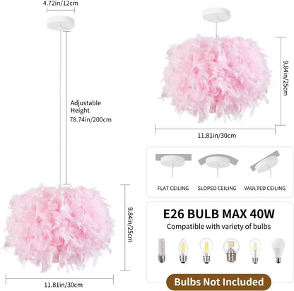 NZV Pink Feather Pendant Lights for Bedroom Romantic Feathers Light Fixture Pink Chandelier Girls Room Modern Hanging Ceiling Lighting for Dining Room Kitchen Island Foyer Hallway (Diameter 11.8in)