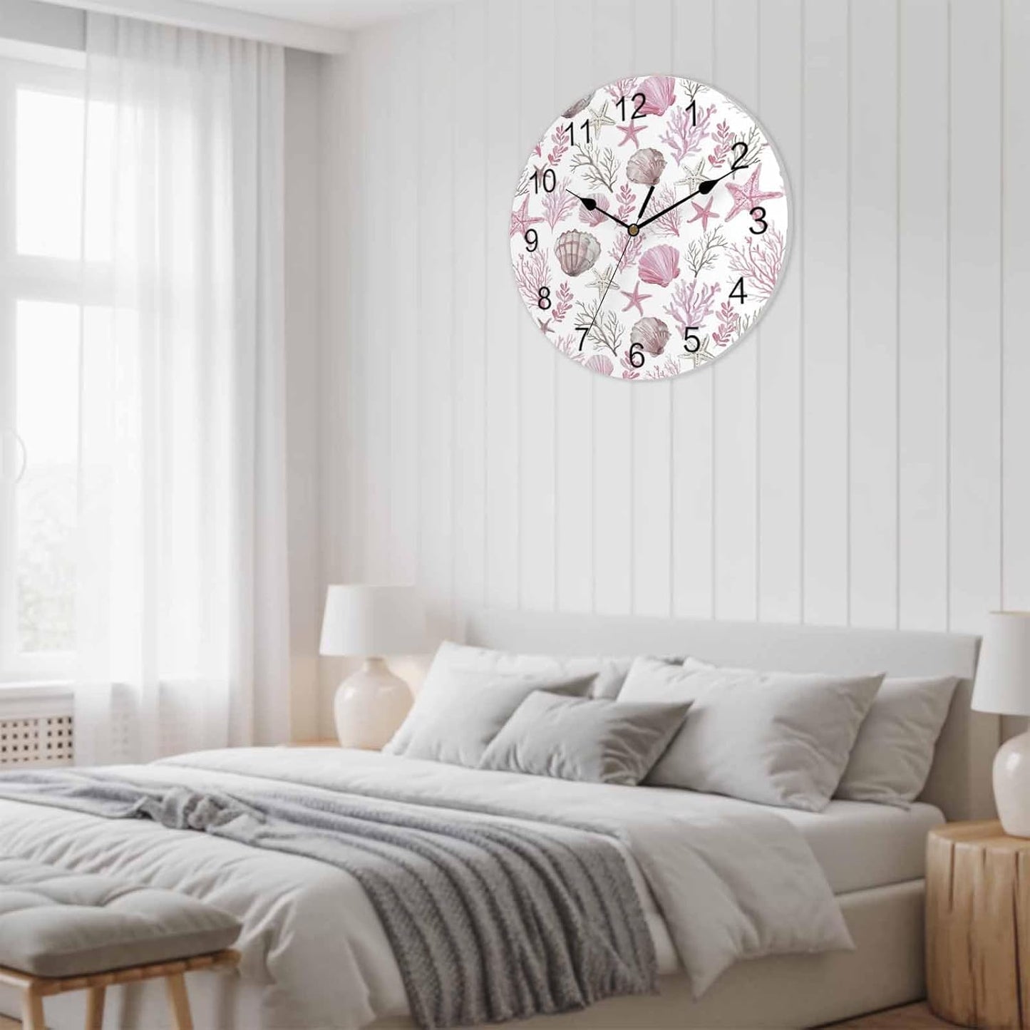 Wall Clock Pink Starfish Shell Clocks PVC Silent Non-Ticking Battery Operated Decorative Coral Ocean Marine Life Round Clock for Home Living Room Kitchen Bedroom Office School Wall Decor 10 Inch