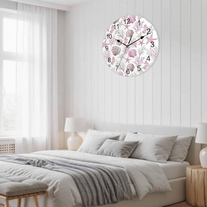 Wall Clock Pink Starfish Shell Clocks PVC Silent Non-Ticking Battery Operated Decorative Coral Ocean Marine Life Round Clock for Home Living Room Kitchen Bedroom Office School Wall Decor 10 Inch