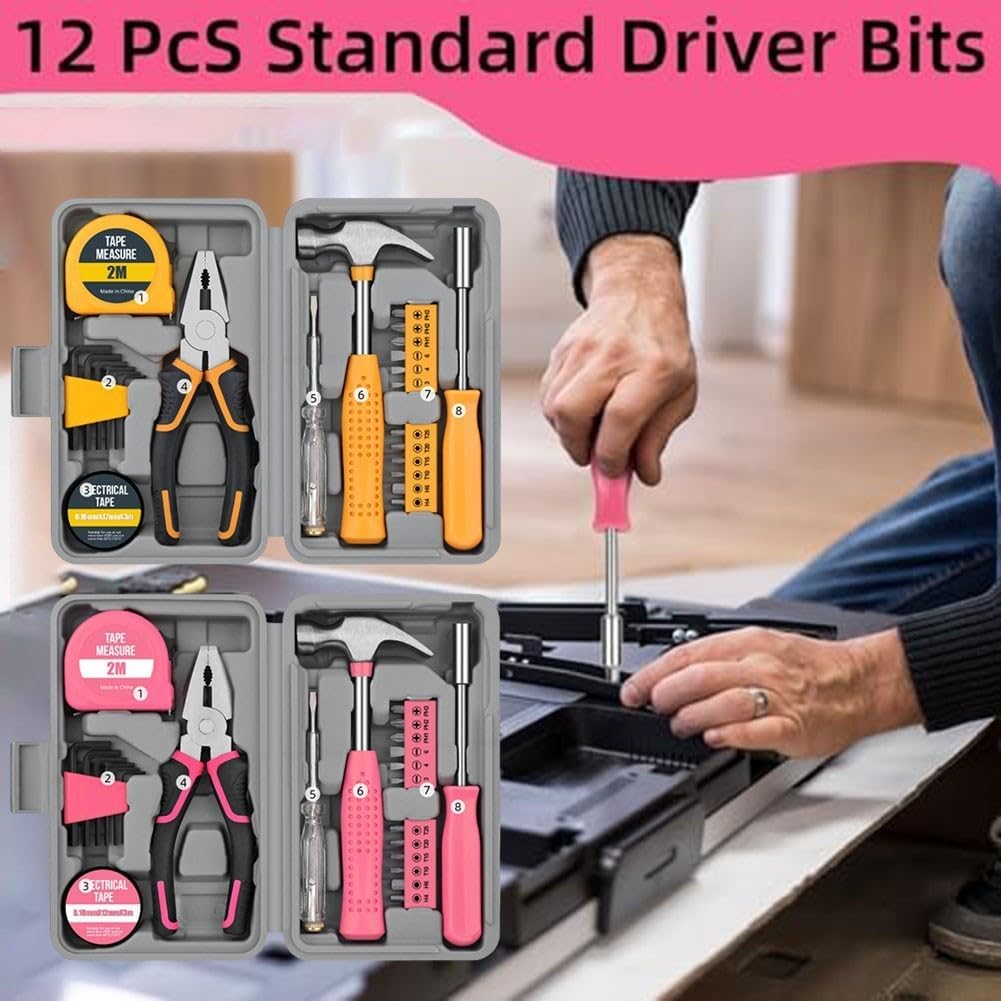24Pc Tool Kit – Mini DIY Household Set With Bits, Essential Tools For Home Repairs & Projects(Pink)