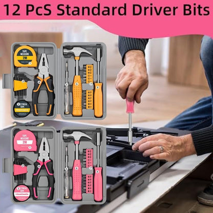 24Pc Tool Kit – Mini DIY Household Set With Bits, Essential Tools For Home Repairs & Projects(Pink)