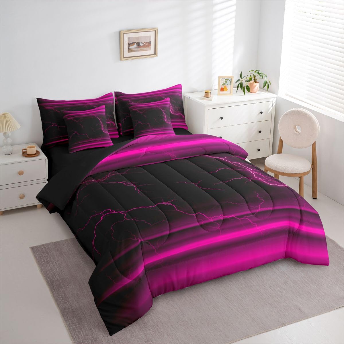 Erosebridal Black Pink Neon Light Girls 7 Piece Bedding Set Twin | Ombre Lightning Pattern Comforter Set with Sheets Abstract Aesthetic Bed in A Bag Modern Art Bed Sets