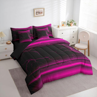 Erosebridal Black Pink Neon Light Girls 7 Piece Bedding Set Twin | Ombre Lightning Pattern Comforter Set with Sheets Abstract Aesthetic Bed in A Bag Modern Art Bed Sets