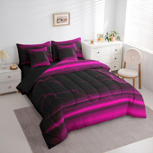 Erosebridal Black Pink Neon Light Girls 7 Piece Bedding Set Twin | Ombre Lightning Pattern Comforter Set with Sheets Abstract Aesthetic Bed in A Bag Modern Art Bed Sets