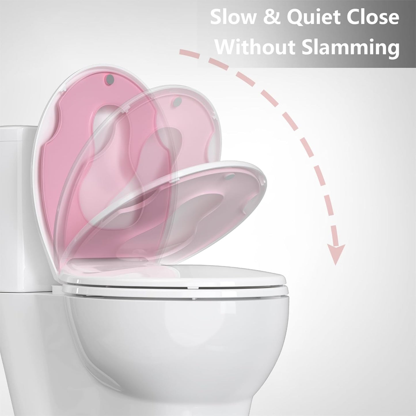 Round Toilet Seat with Built In Potty Training Seat, White Pink Family Toilet Seat, Soft Close Plastic Toilet Cover for Adults and Toddlers, Easy Clean Standard Bathroom Seat