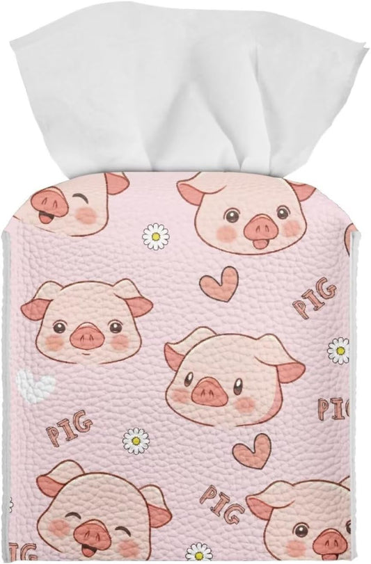 Modern PU Leather Tissue Cube Holder Hearts Pig Tissue Box Cover for Living Room Bedroom Print Square Tissue Box Holder Pink Desk Nightstand Facial Paper Organizer Home Decor