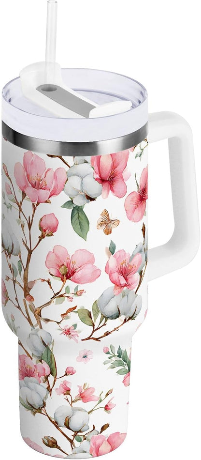 30 oz Peach Blossom Butterfly Pattern Tumbler with Handle and Straw Lid