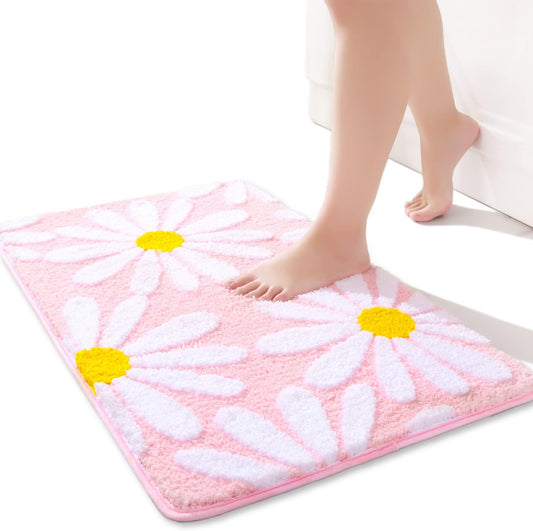 QJHOMO Pink Bathroom Rugs Cute Daisy Bath Mat White and Yellow Flower Decor Rug Non Slip Floor Carpet Microfiber Bathmat Super Absorbent Machine Washable Bathtub Mats for Shower (20x 32 inch)