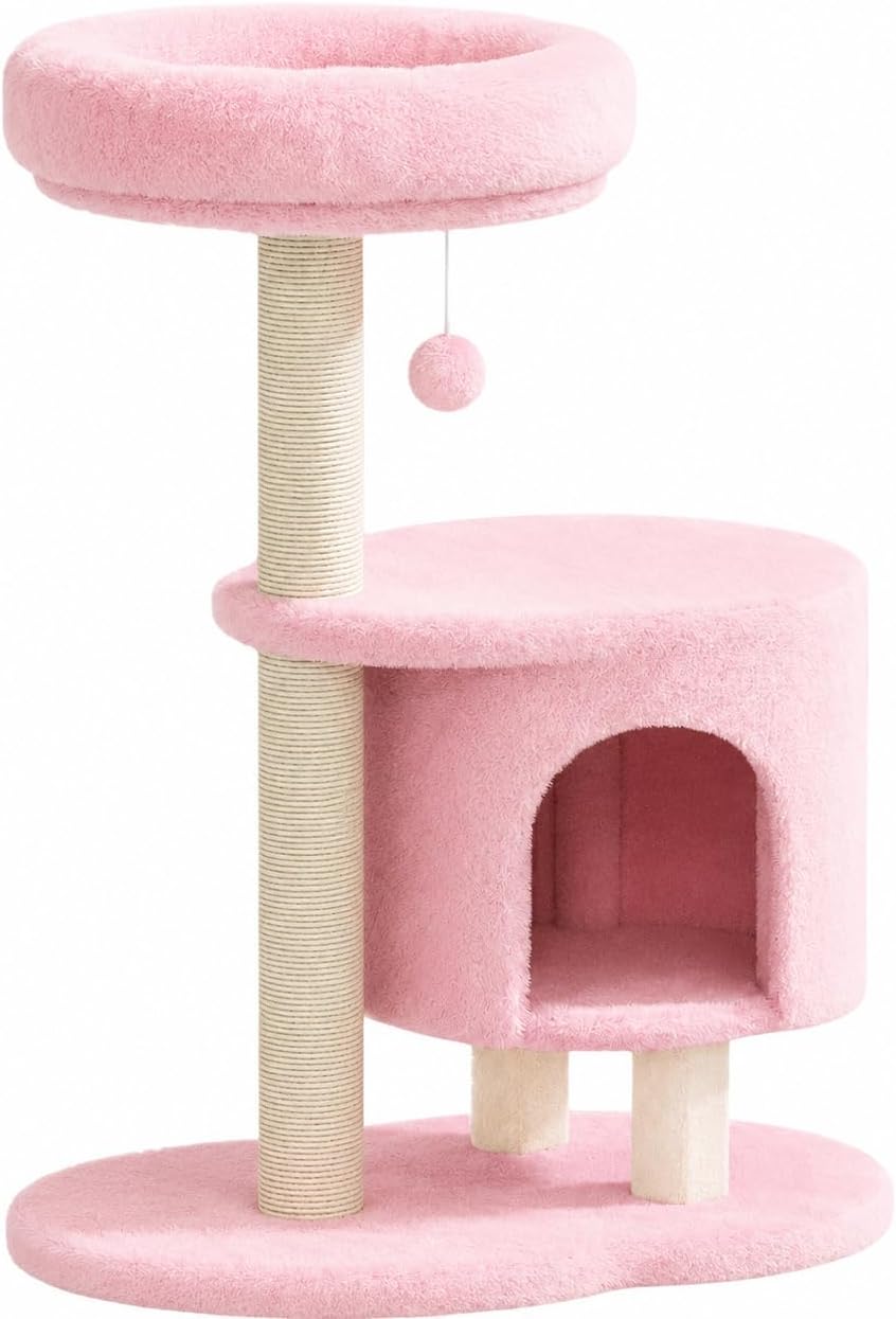 Small Cat Tree, 34.3 Inches Cat Tower with Scratching Post, Condo, Interactive Hanging Ball, Plush Perch for Indoor Large Cats, Pink