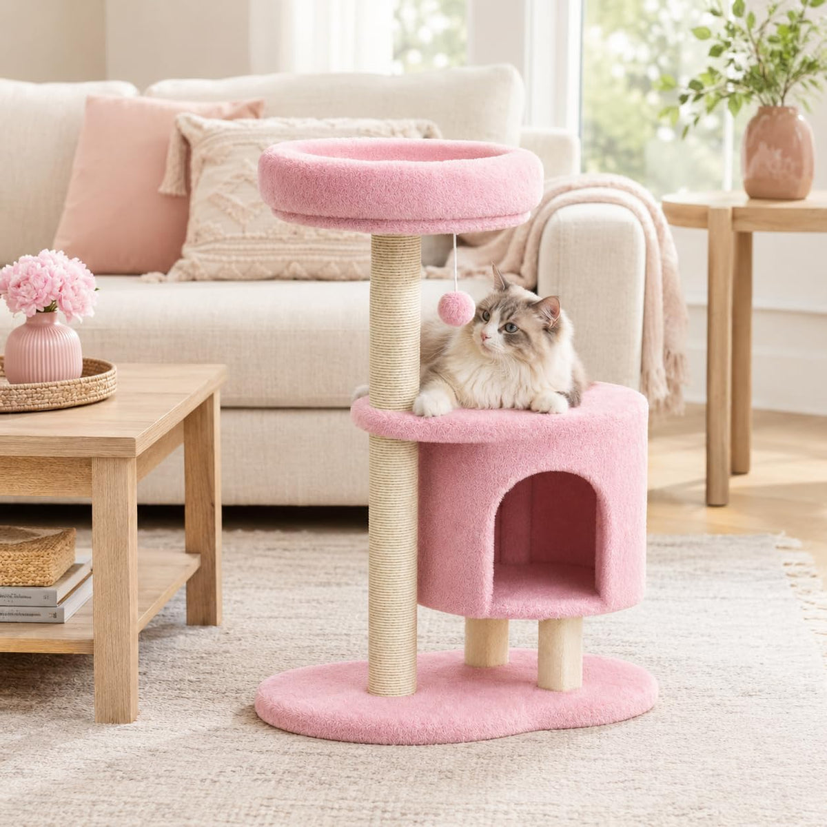 Small Cat Tree, 34.3 Inches Cat Tower with Scratching Post, Condo, Interactive Hanging Ball, Plush Perch for Indoor Large Cats, Pink