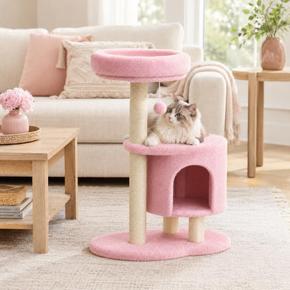 Small Cat Tree, 34.3 Inches Cat Tower with Scratching Post, Condo, Interactive Hanging Ball, Plush Perch for Indoor Large Cats, Pink