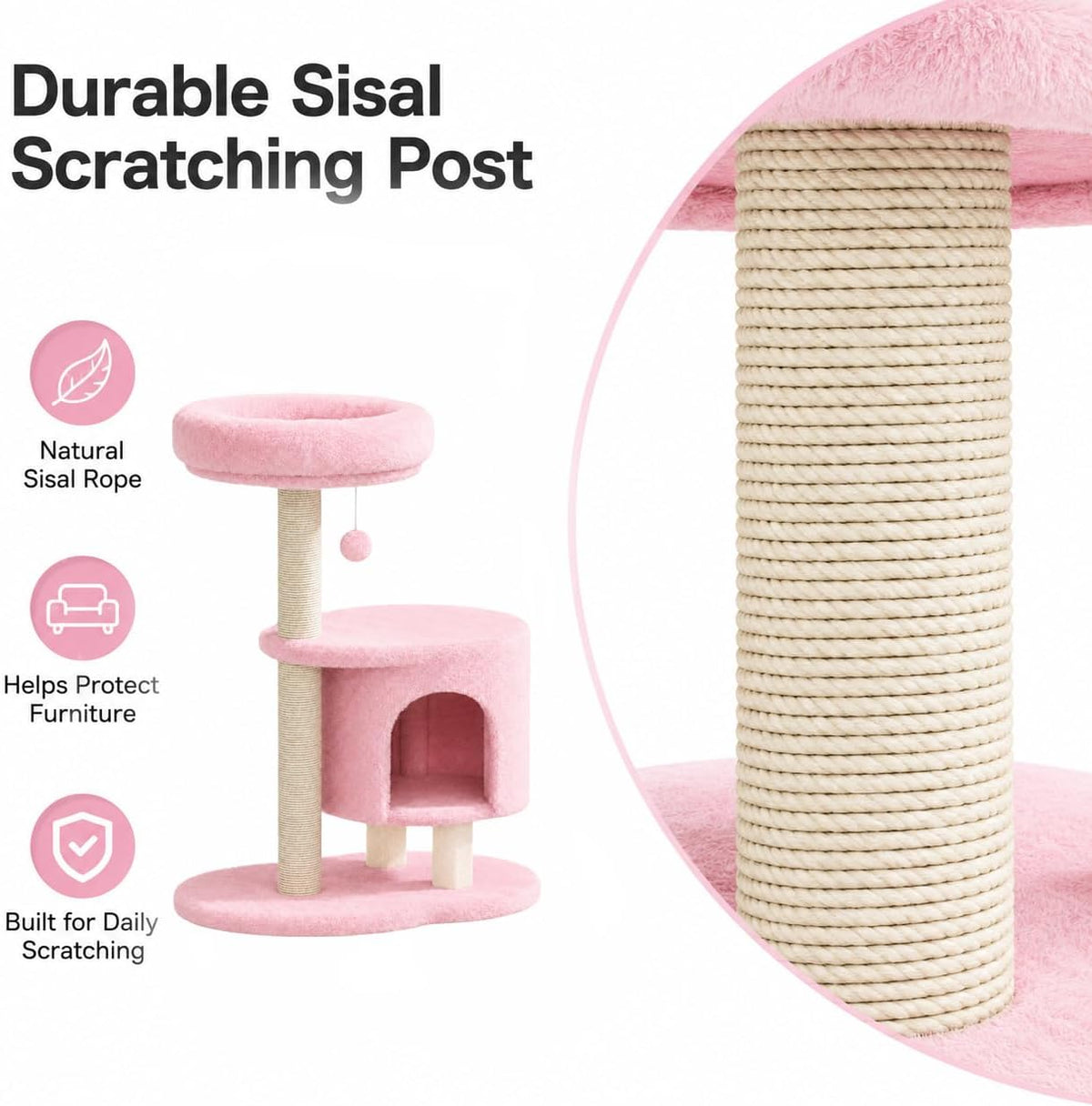 Small Cat Tree, 34.3 Inches Cat Tower with Scratching Post, Condo, Interactive Hanging Ball, Plush Perch for Indoor Large Cats, Pink