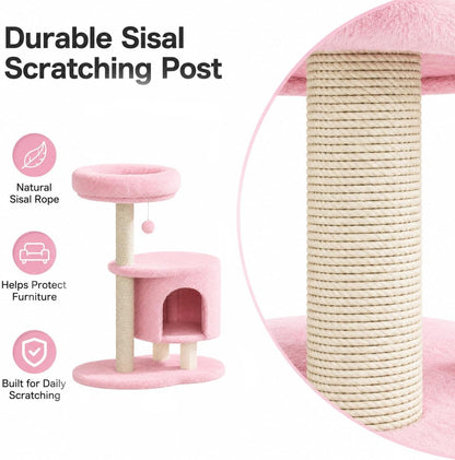 Small Cat Tree, 34.3 Inches Cat Tower with Scratching Post, Condo, Interactive Hanging Ball, Plush Perch for Indoor Large Cats, Pink
