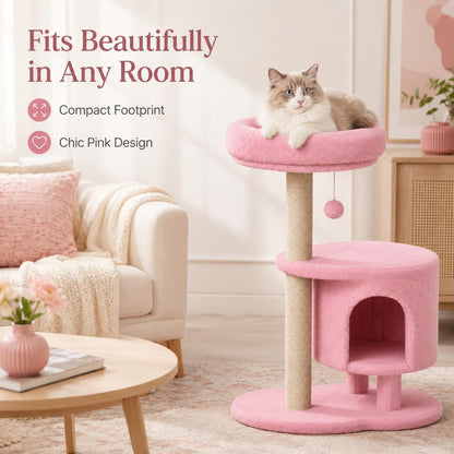 Small Cat Tree, 34.3 Inches Cat Tower with Scratching Post, Condo, Interactive Hanging Ball, Plush Perch for Indoor Large Cats, Pink