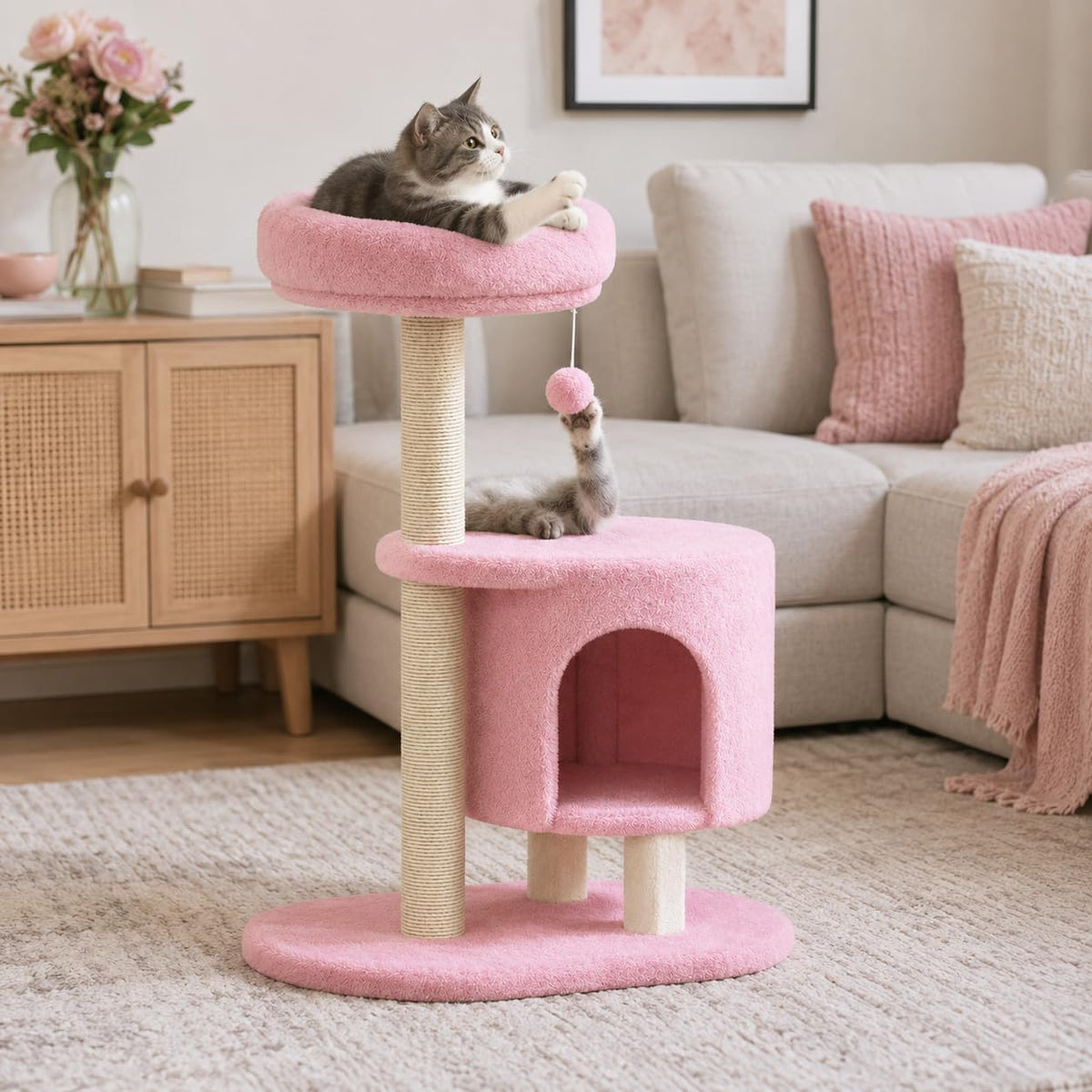 Small Cat Tree, 34.3 Inches Cat Tower with Scratching Post, Condo, Interactive Hanging Ball, Plush Perch for Indoor Large Cats, Pink